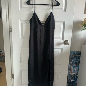 wild fable Black Satin Midi Slip Dress with Side Slit